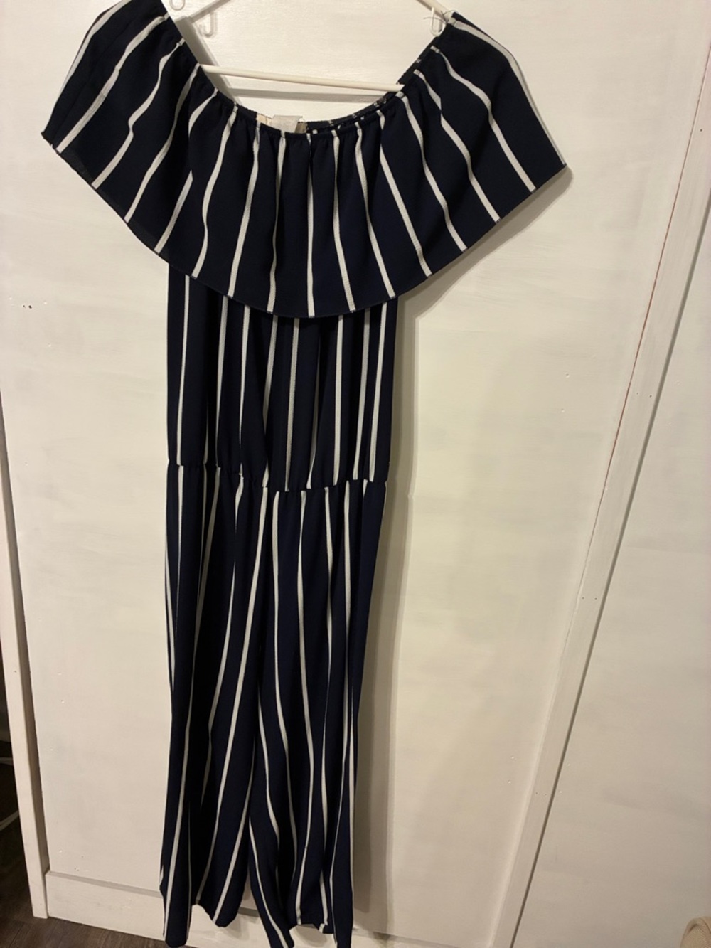 Off-Shoulder Navy and White Striped Jumpsuit